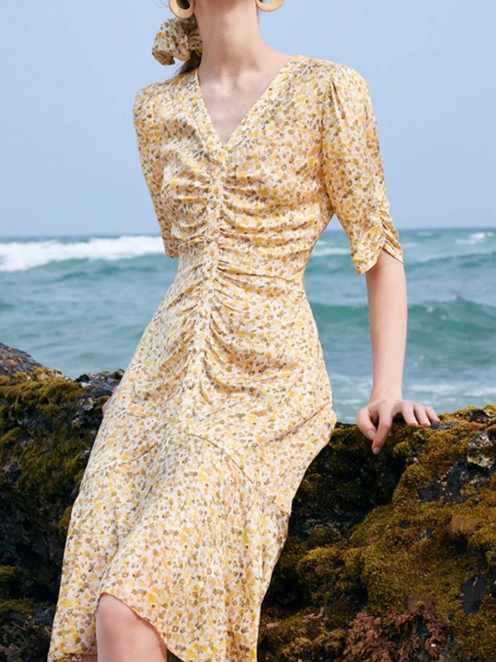 Yellow Floral High-Low V-Neck Midi Dress